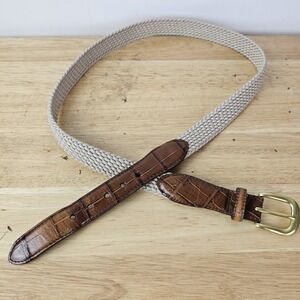 Brighton Mens 42 Brown Leather Woven Stretch‎ Belt Gold Buckle Croc Trim 3350